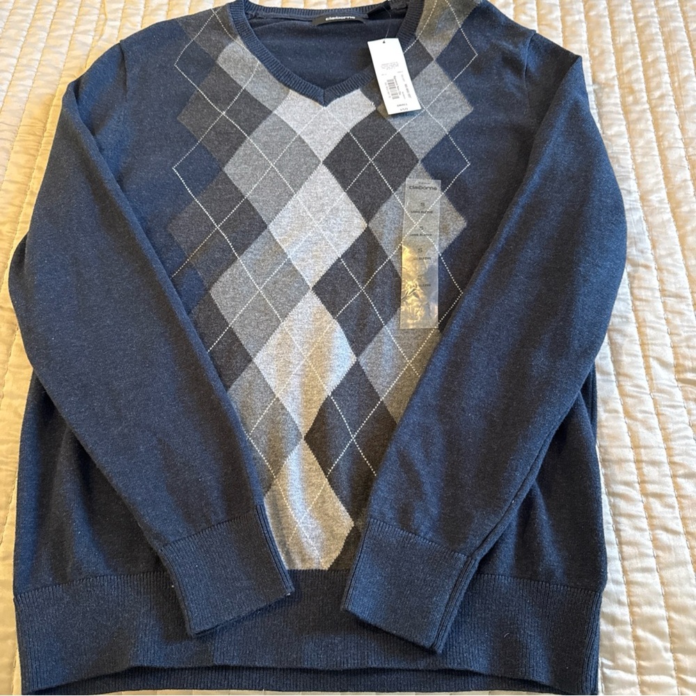 Claiborne Blue and Gray V-Neck Sweater